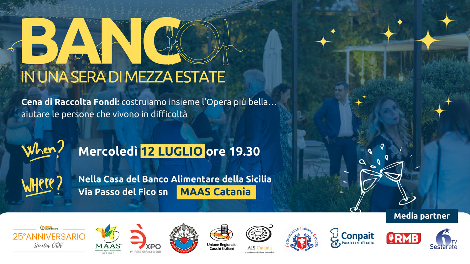 Banco-in-una-sera-di-mezza-Estate-locandina Cena di solidarietà per i 25 anni del Banco Alimentare della Sicilia
