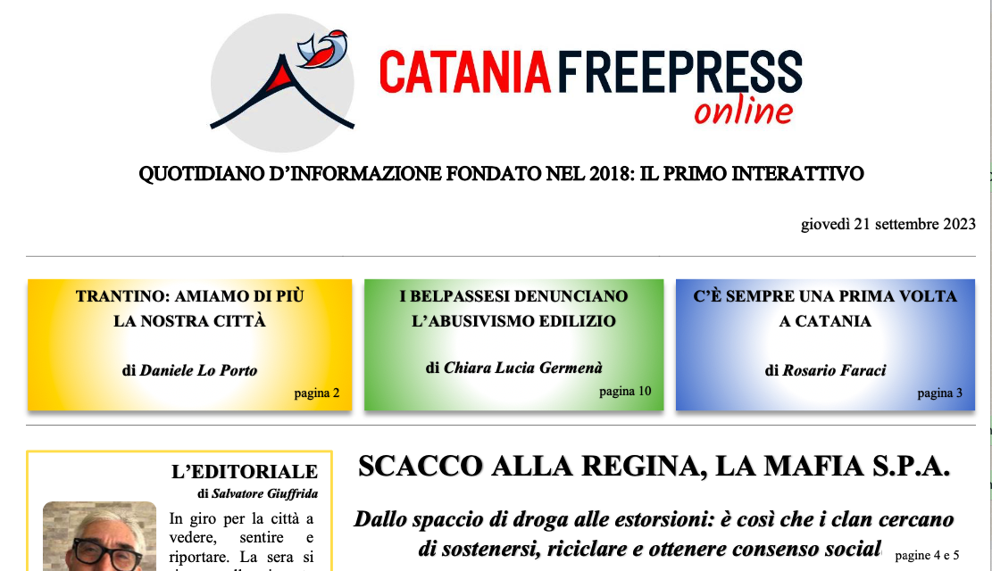 Catania Freepress, il settimanale in formato Pdf interattivo. Edizione del 21 settembre 2023