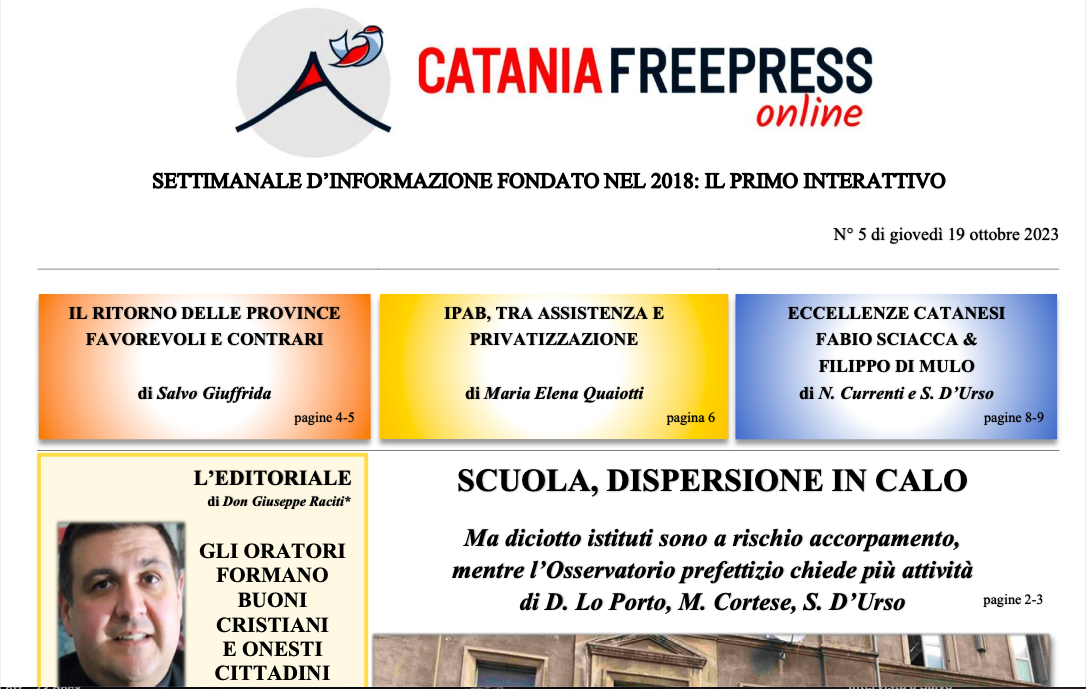 Catania Freepress, il settimanale in formato Pdf interattivo. Edizione del 19 ottobre 2023