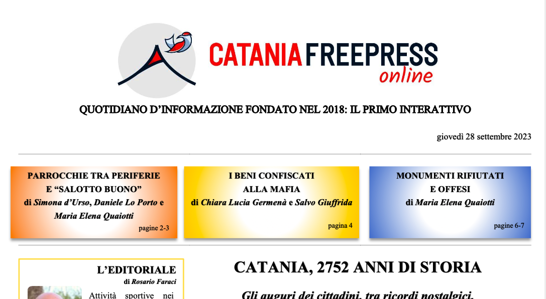 Catania Freepress, il settimanale in formato Pdf interattivo. Edizione del 28 settembre 2023