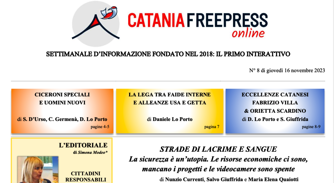 Catania Freepress, il settimanale in formato Pdf interattivo. Edizione del 16 novembre 2023