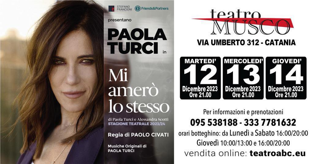 locandina-Turci-al-Musco Catania, “Mi amerò lo stesso”, Paola Turci in scena al Teatro A. Musco