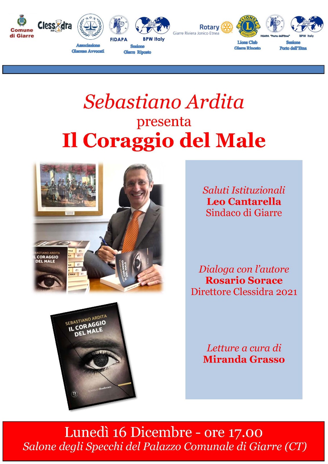 Sebastiano Ardita a Giarre Si presenta a Giarre il romanzo di Sebastiano Ardita “Il coraggio del male”