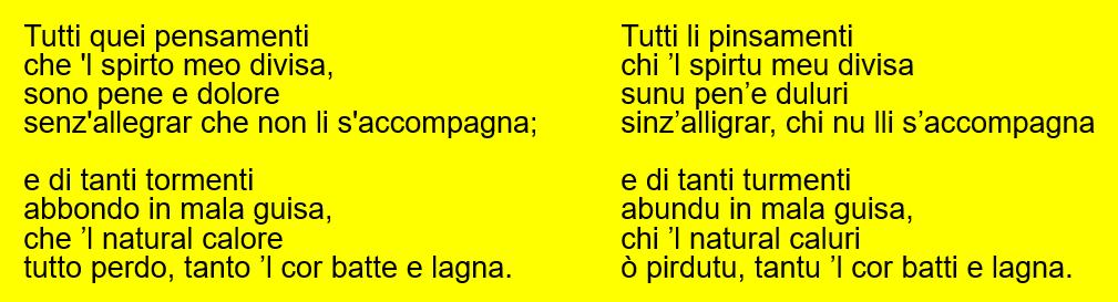 Alcuni versi di “S’eo trovasse pietanza”, a sinistra come riportati nei codici toscani e a destra come riportati nel libro del Barbieri Federico II e la Scuola Poetica Siciliana