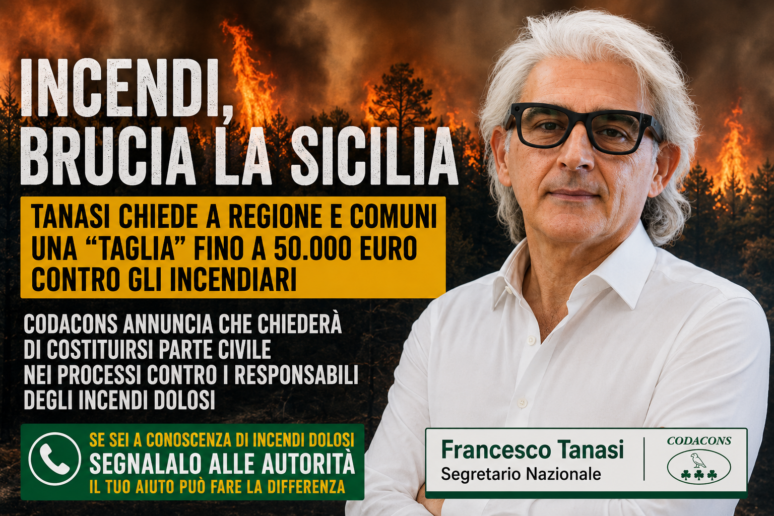 Codacons Incendi_Sicilia_Taglia_50000 oriz Scatta la guerra agli incendiari ricompensa fino a 50 mila euro Il Codacons: “Parte civile nei processi”