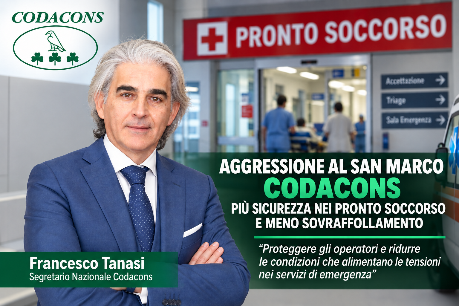 Codacons aggressione PS San Marco oriz Aggressione al San Marco, Tanasi: «Proteggere gli operatori e ridurre le tensioni»