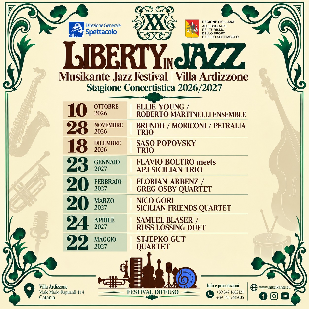 Liberty in Jazz 26-27 Catania, al via “Liberty in Jazz 2026/2027” a Villa Ardizzone