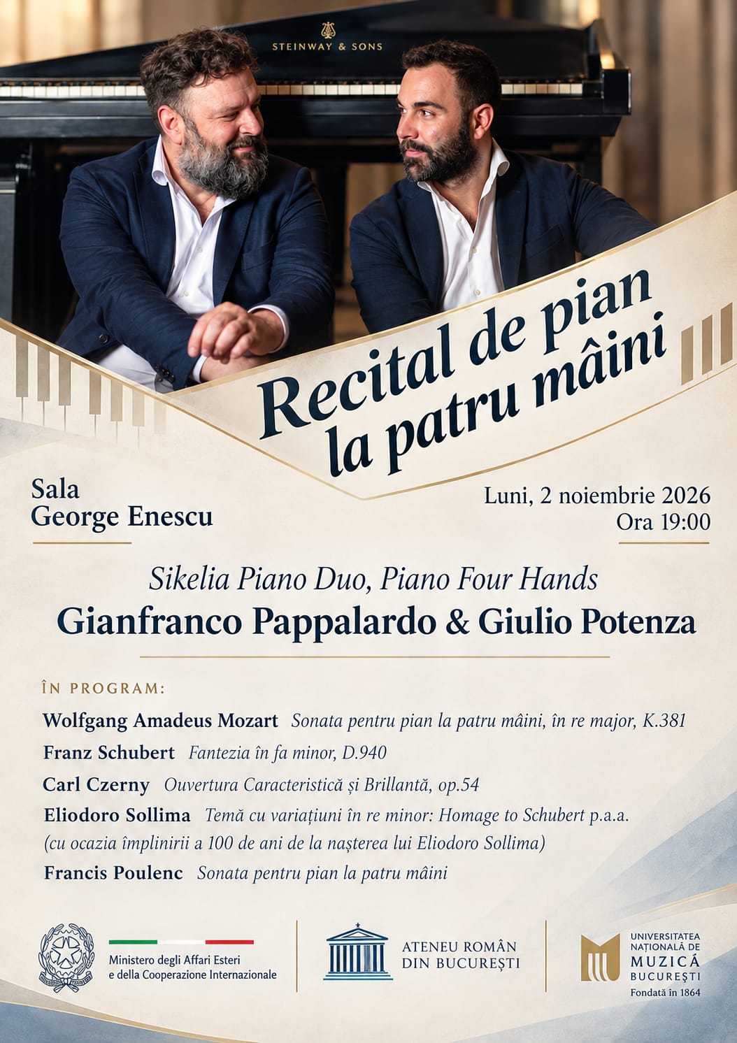 Locandina concerto Bucarest 100° Sollima, il Sikelia Piano Duo in prima assoluta a Bucarest